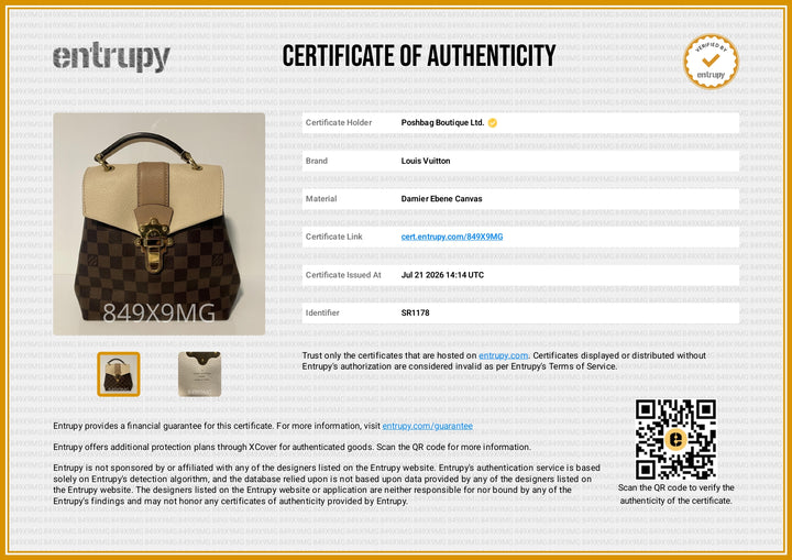 A certificate of authenticity document for a Louis Vuitton handbag, featuring a gold-framed layout with the Entrupy brand logo, a photo of a brown and beige Louis Vuitton canvas bag, product details, and a QR code.