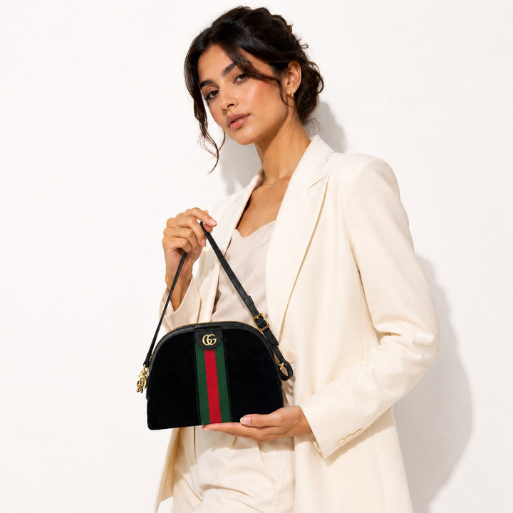 Small Ophidia Dome Shoulder Bag Black With Web Canvas Stripe