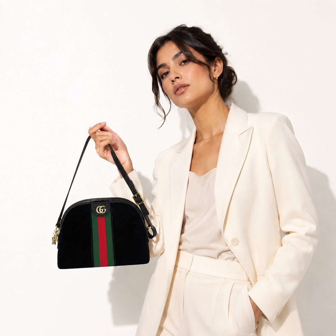 Small Ophidia Dome Shoulder Bag Black With Web Canvas Stripe