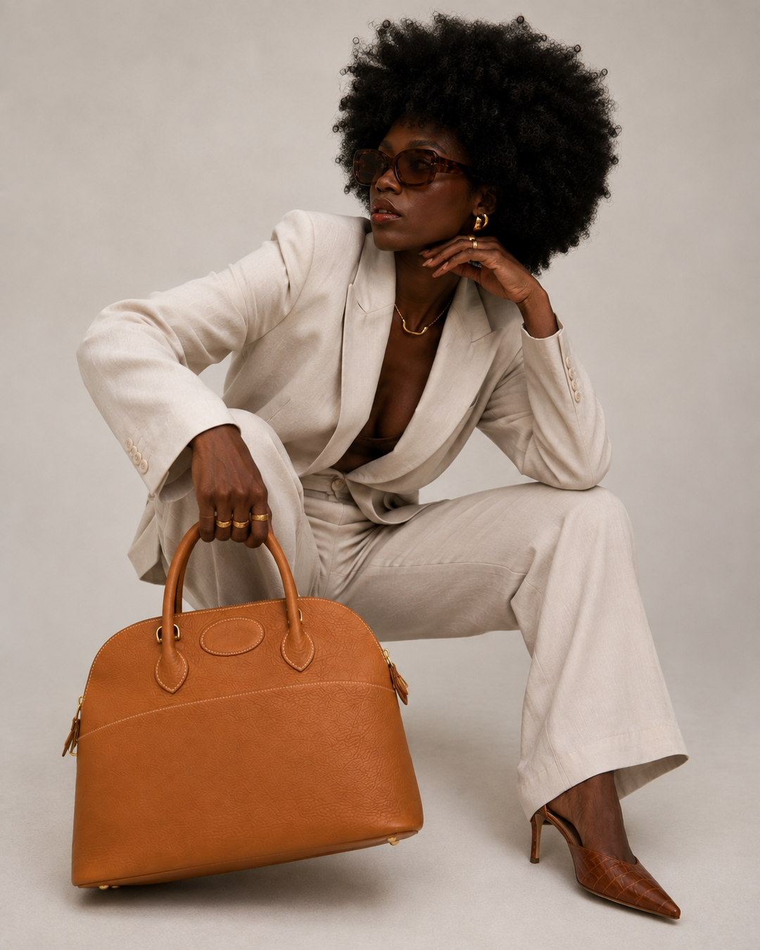Tan Leather Bolide Bag With Shoulder Strap