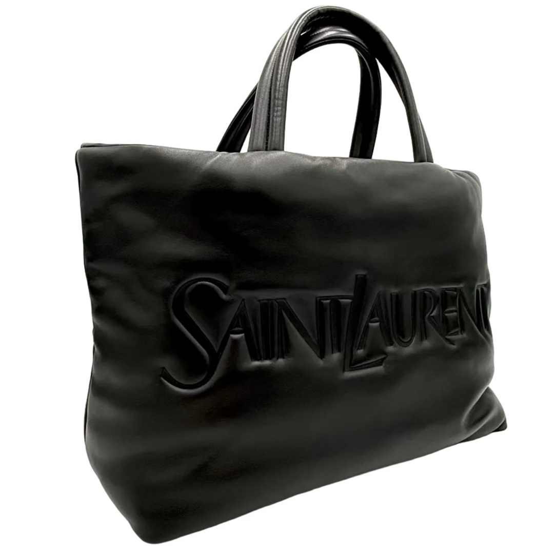 Saint Laurent Debossed Lambskin Black Leather Tote