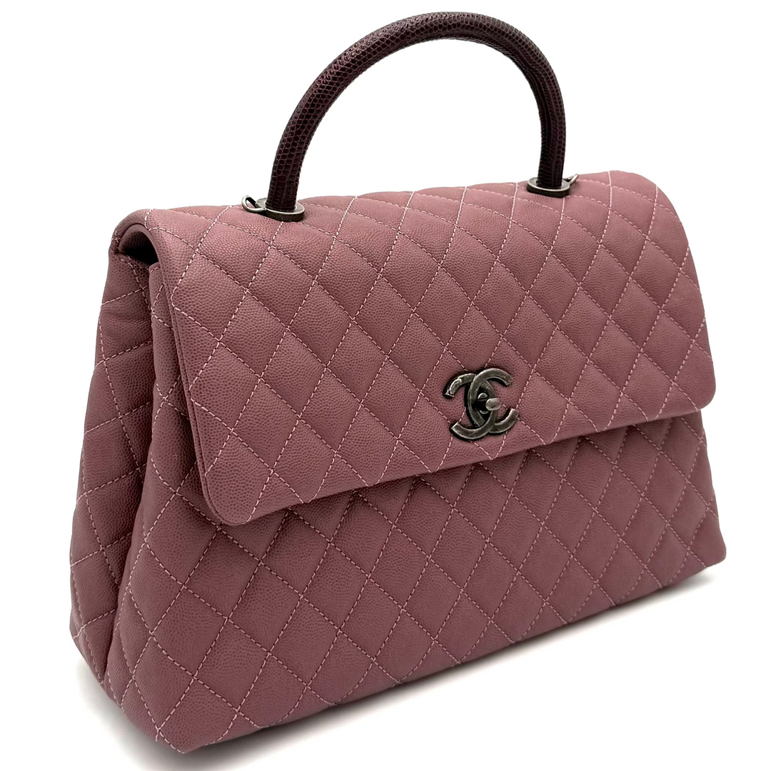 Pink Coco Handle Medium Caviar Leather and Lizard Handle Bag