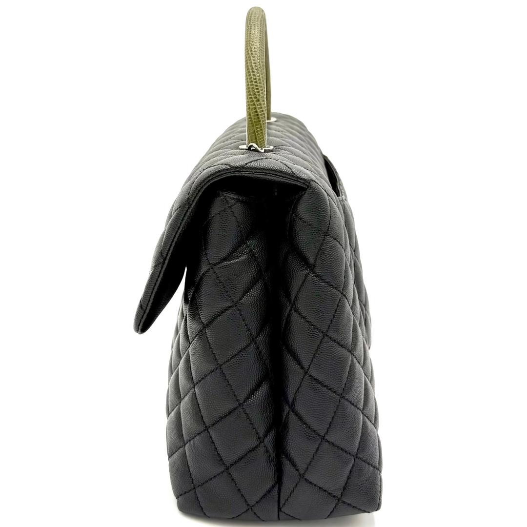 Black Coco Handle Medium Caviar Leather and Lizard Handle Bag