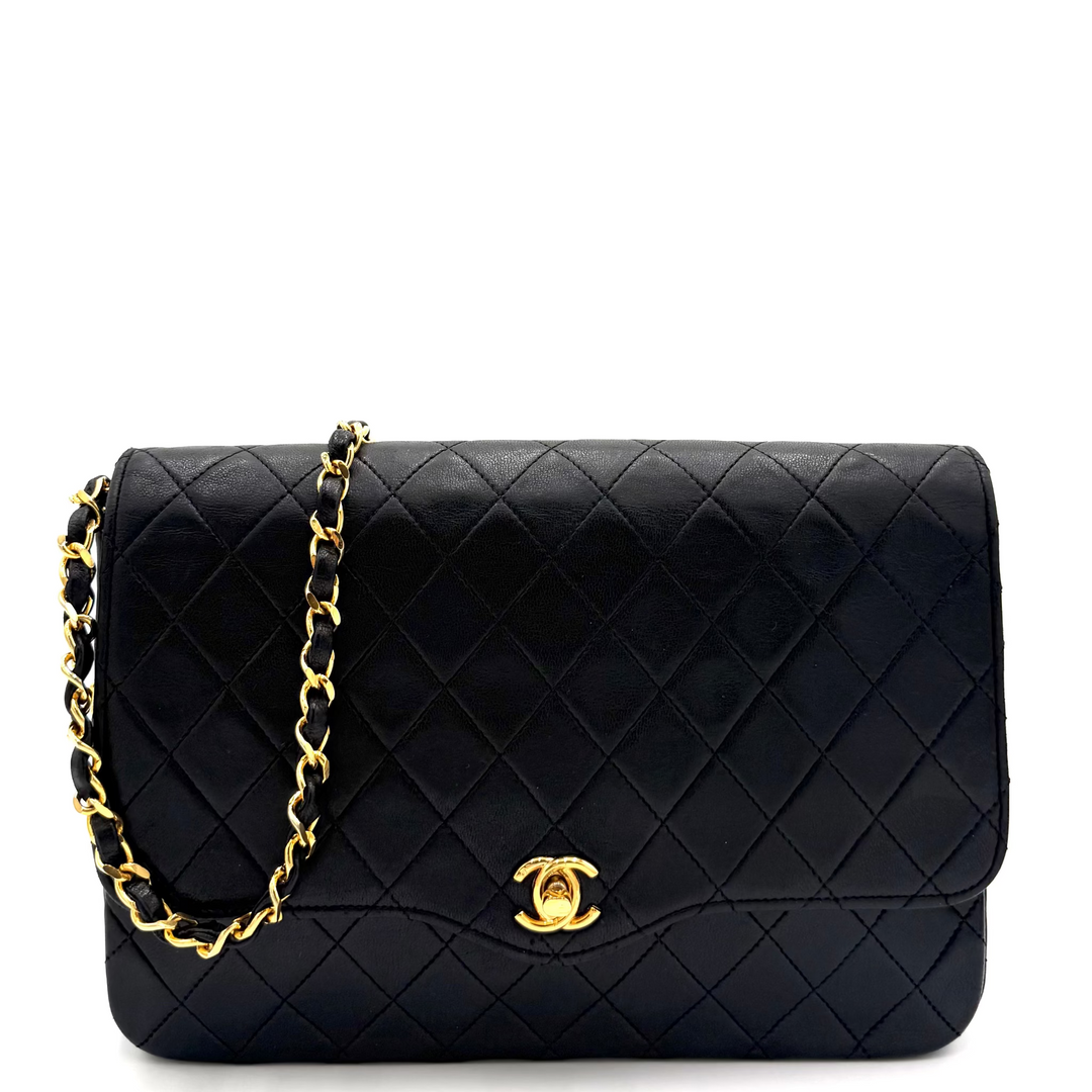 Vintage Quilted Black Leather 3/4 Flap Shoulder Bag