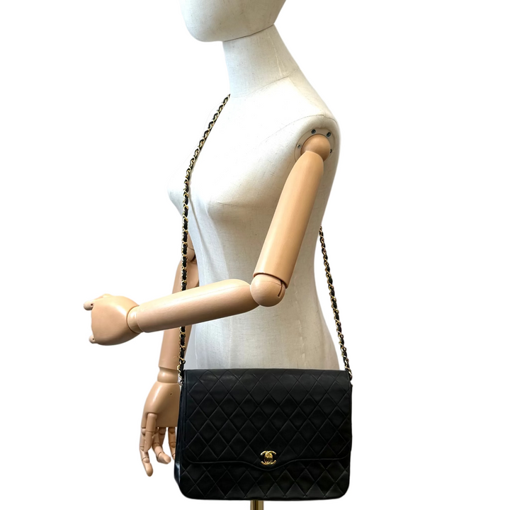 Vintage Quilted Black Leather 3/4 Flap Shoulder Bag