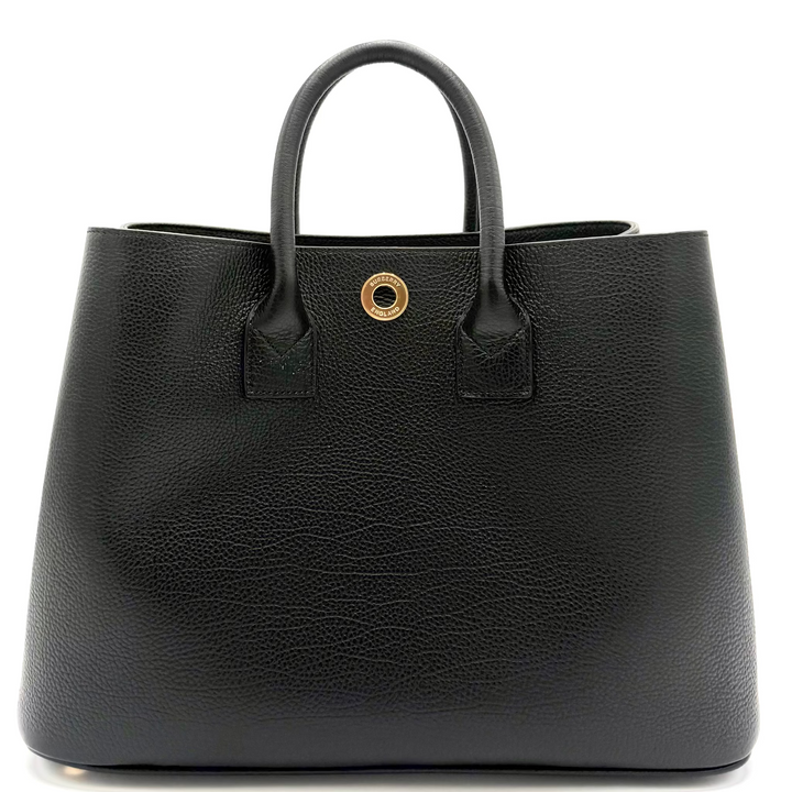 Bermondsey Black Leather Tote with Canvas House Check Side Panels