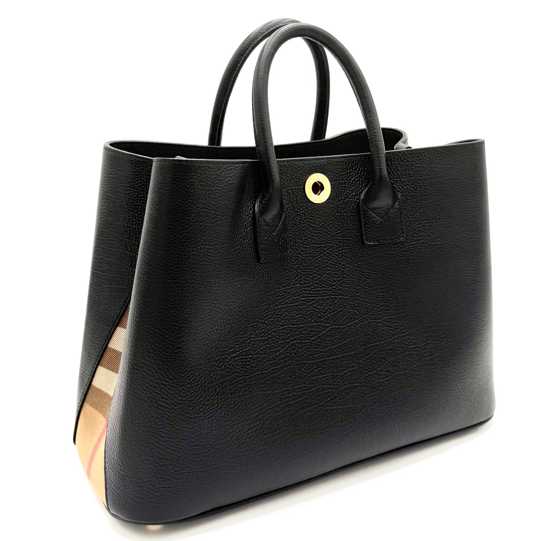 Bermondsey Black Leather Tote with Canvas House Check Side Panels
