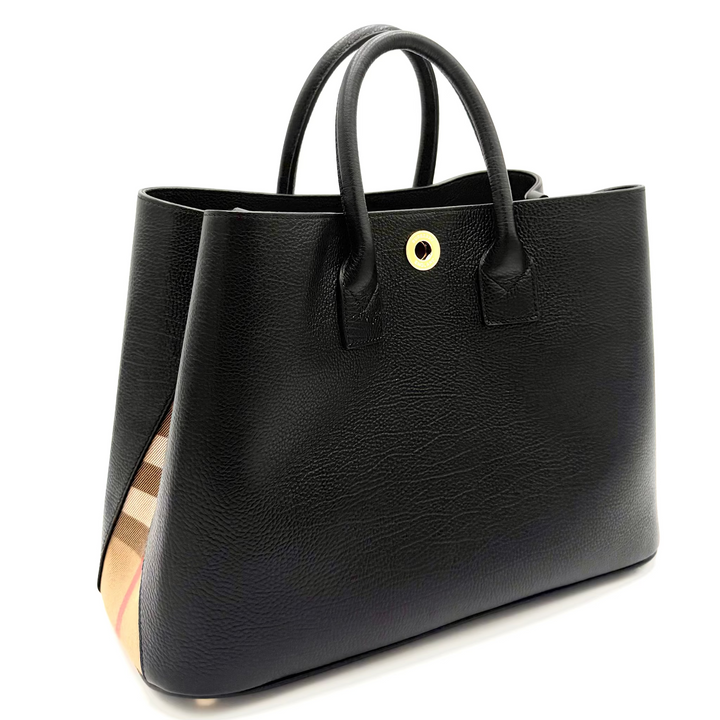 Bermondsey Black Leather Tote with Canvas House Check Side Panels