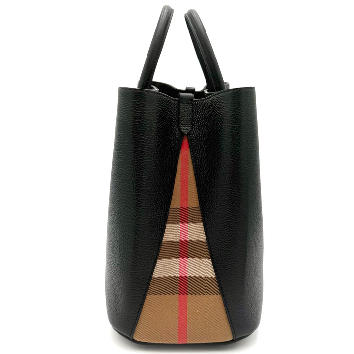 Bermondsey Black Leather Tote with Canvas House Check Side Panels