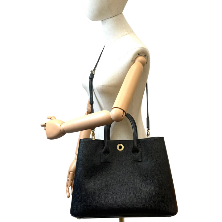Bermondsey Black Leather Tote with Canvas House Check Side Panels