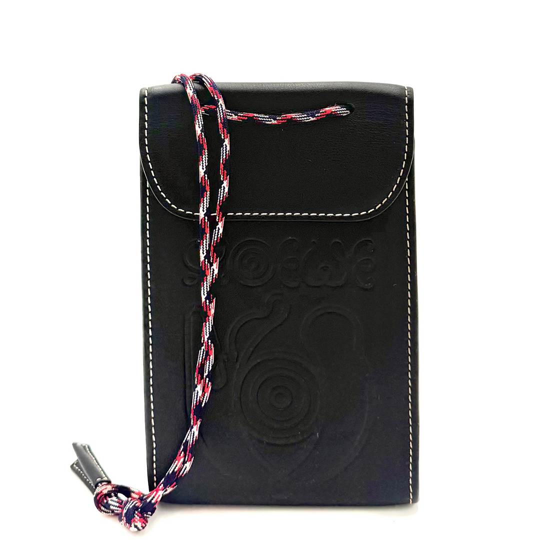 A black leather phone pouch with an embossed circular logo on the front, featuring a red and blue braided strap and a small tassel, shown against a plain white background.