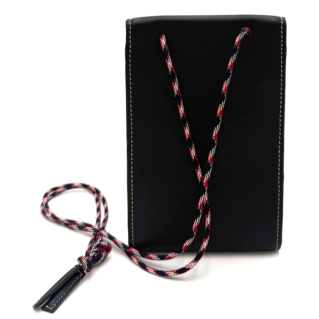 A black leather card holder or phone pouch with a red and black braided strap, displayed on a clean white background.