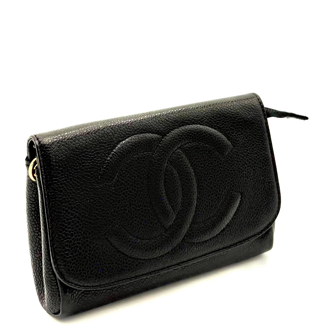 Vintage Caviar Leather Clutch Pouch With Mirror