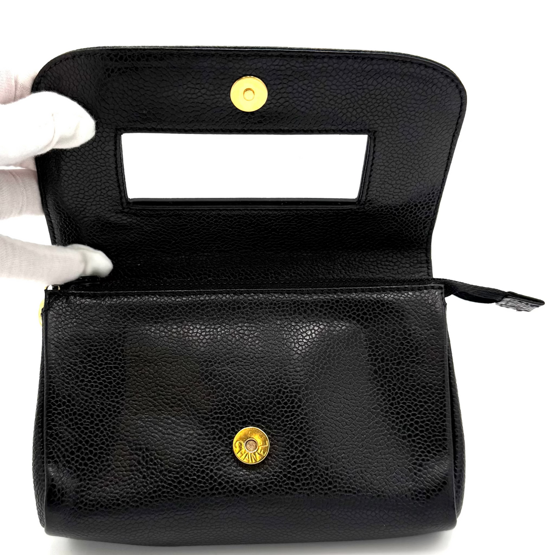 Vintage Caviar Leather Clutch Pouch With Mirror
