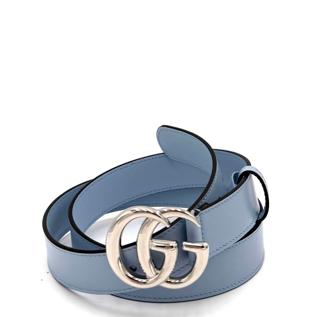 GG Marmont Leather Belt in Baby Blue With Silver Double G Buckle