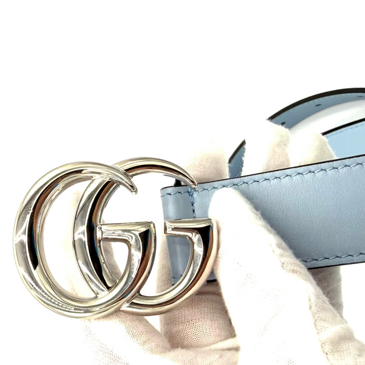 GG Marmont Leather Belt in Baby Blue With Silver Double G Buckle