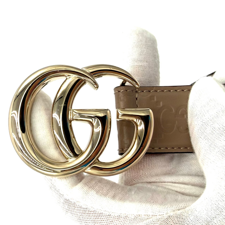GG Marmont Leather Belt in Beige Leather & Gold Double G Buckle