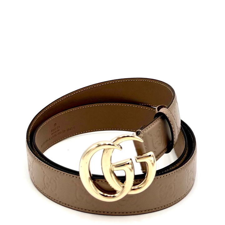 GG Marmont Leather Belt in Beige Leather & Gold Double G Buckle