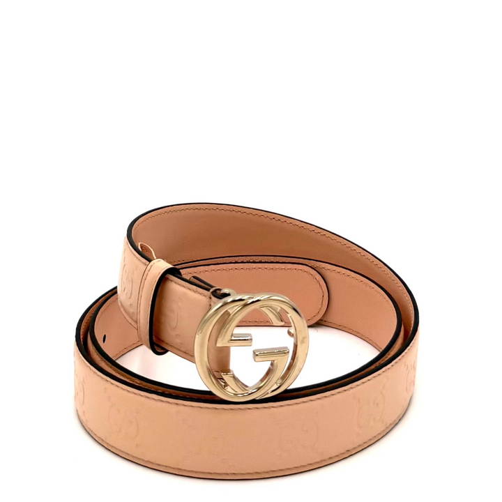 GG Marmont Leather Belt in Pink Leather & Gold Double G Buckle