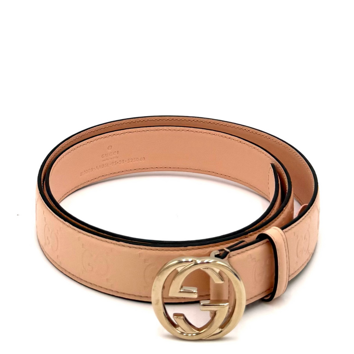 GG Marmont Leather Belt in Pink Leather & Gold Double G Buckle