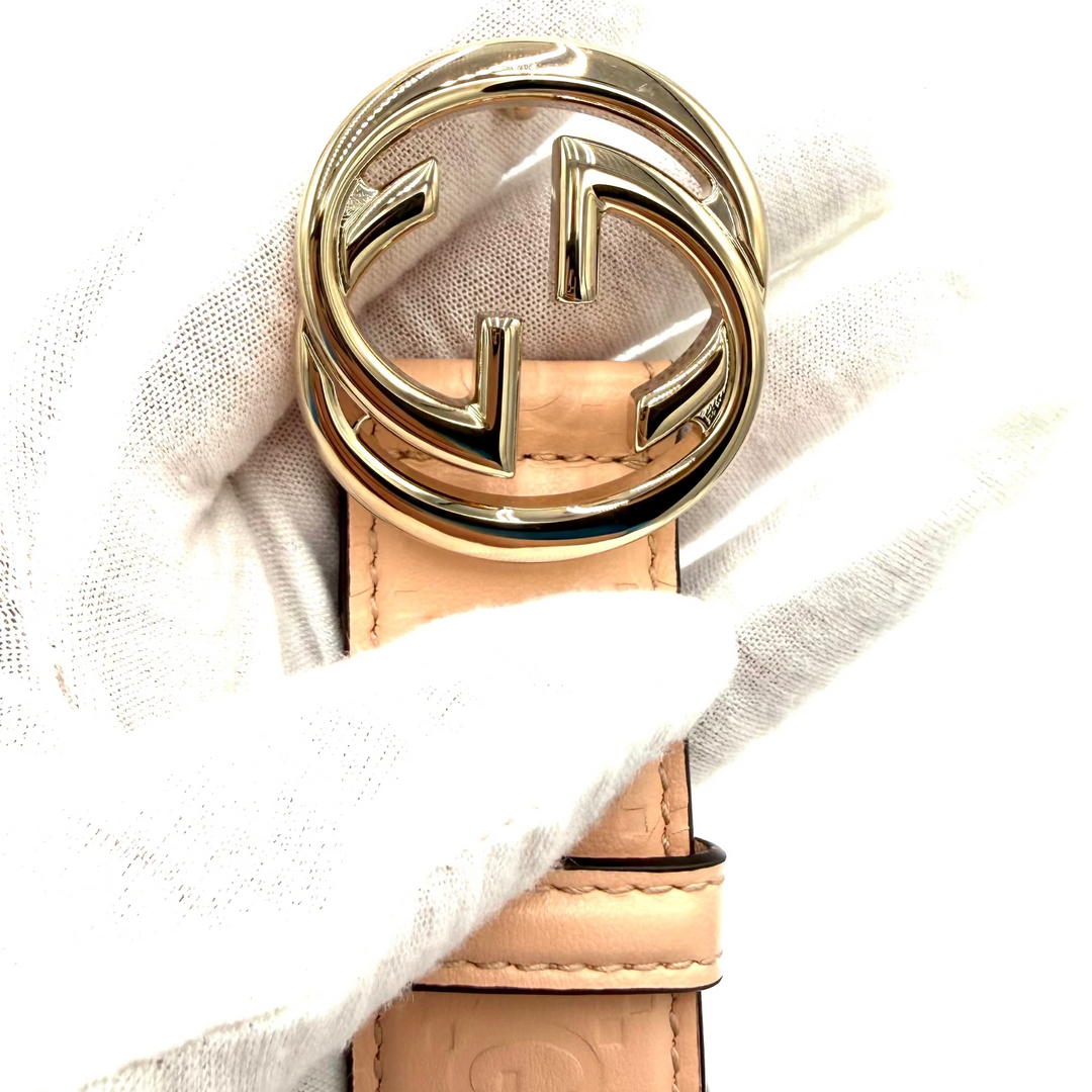 GG Marmont Leather Belt in Pink Leather & Gold Double G Buckle