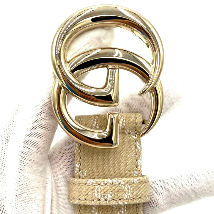 GG Marmont Monogram Beige Canvas Belt With Gold Tone GG Buckle