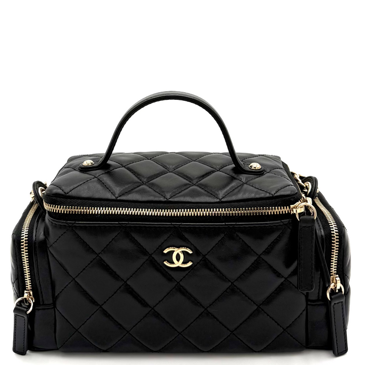 Multi Pocket Top Handle Lambskin Leather Vanity Bag