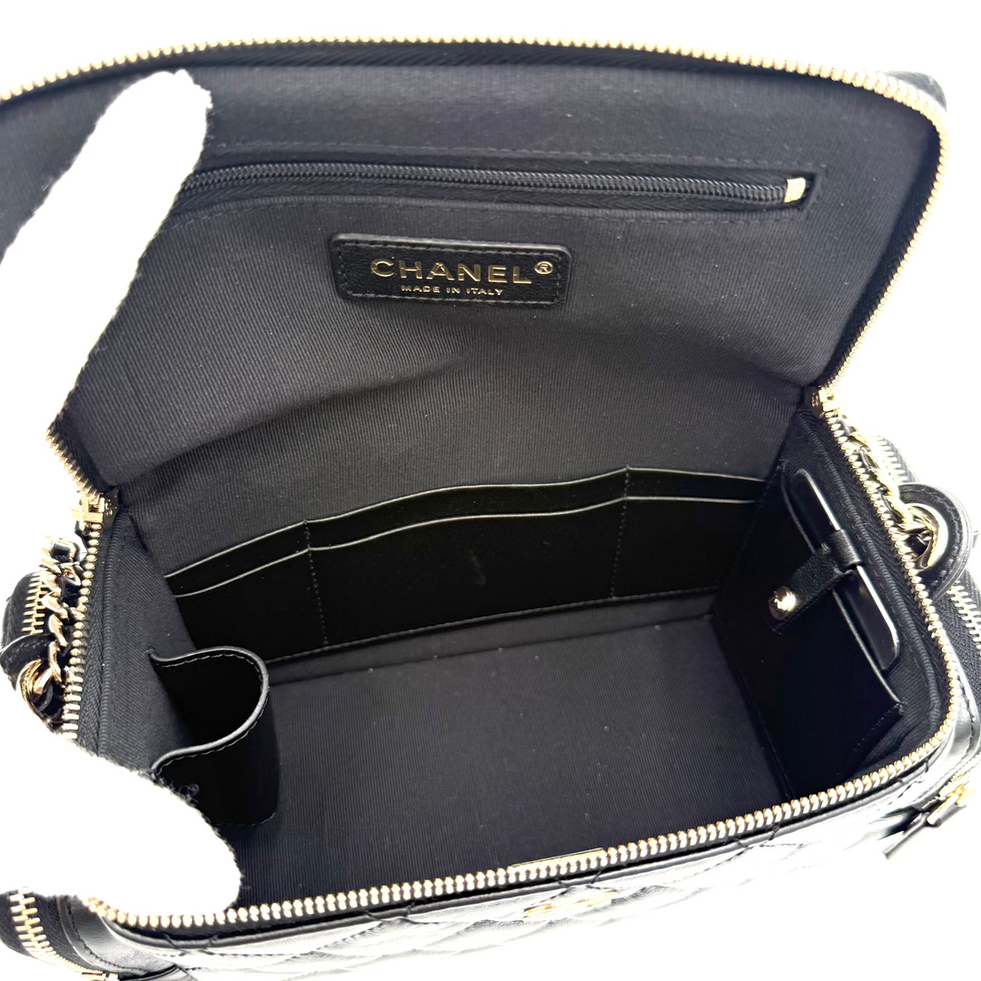 Multi Pocket Top Handle Lambskin Leather Vanity Bag