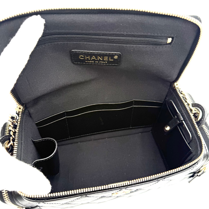 Multi Pocket Top Handle Lambskin Leather Vanity Bag