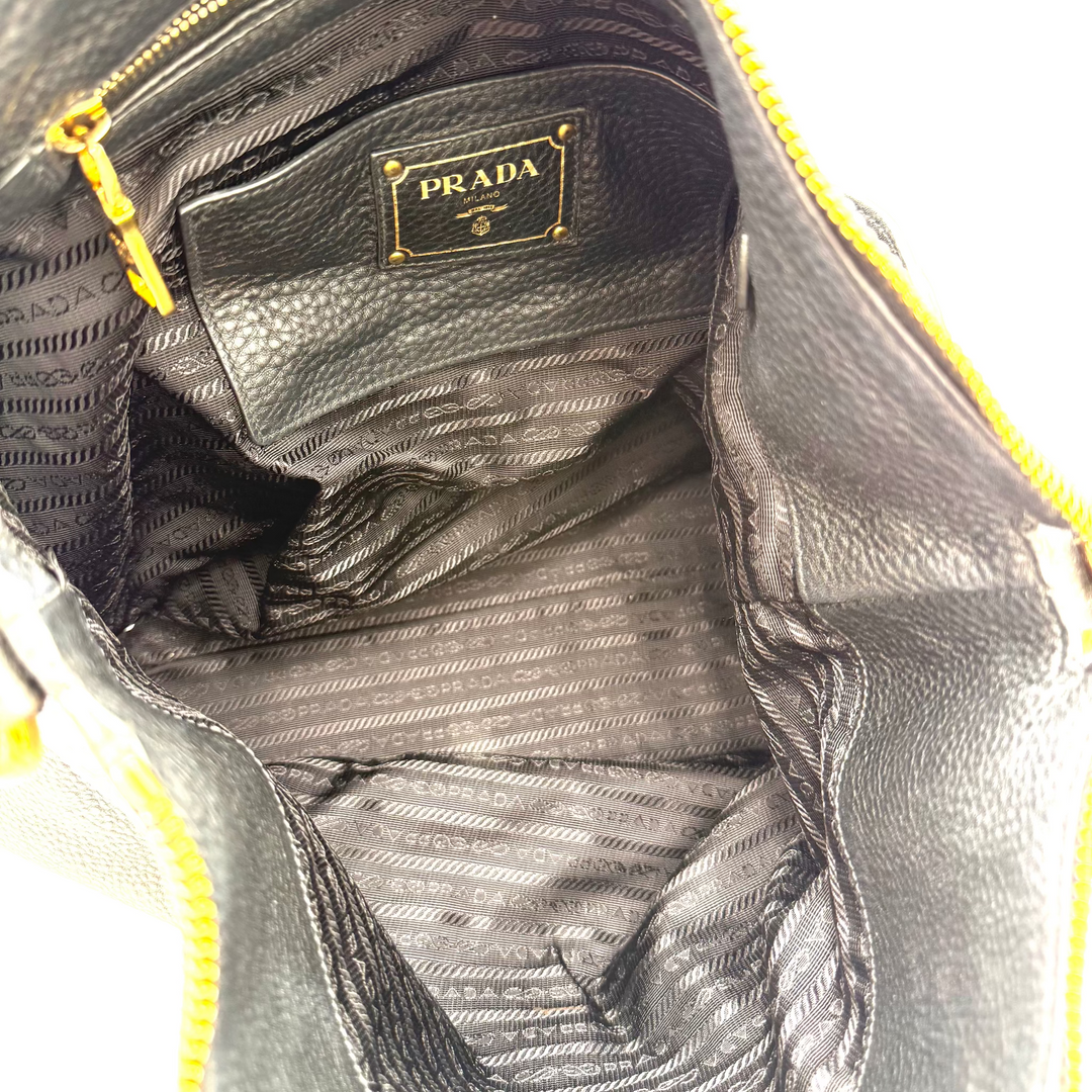 Vitello Daino Textured Black Leather Hobo Bag