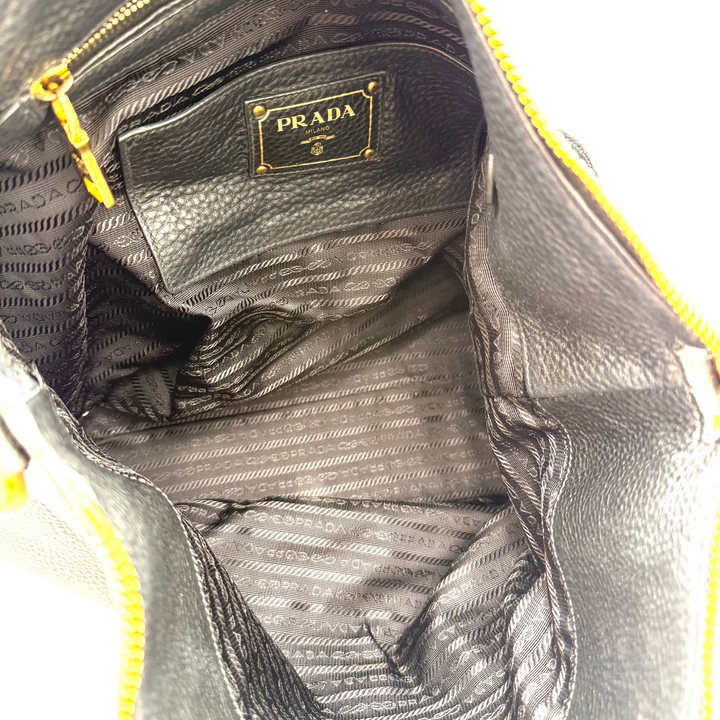 Vitello Daino Textured Black Leather Hobo Bag