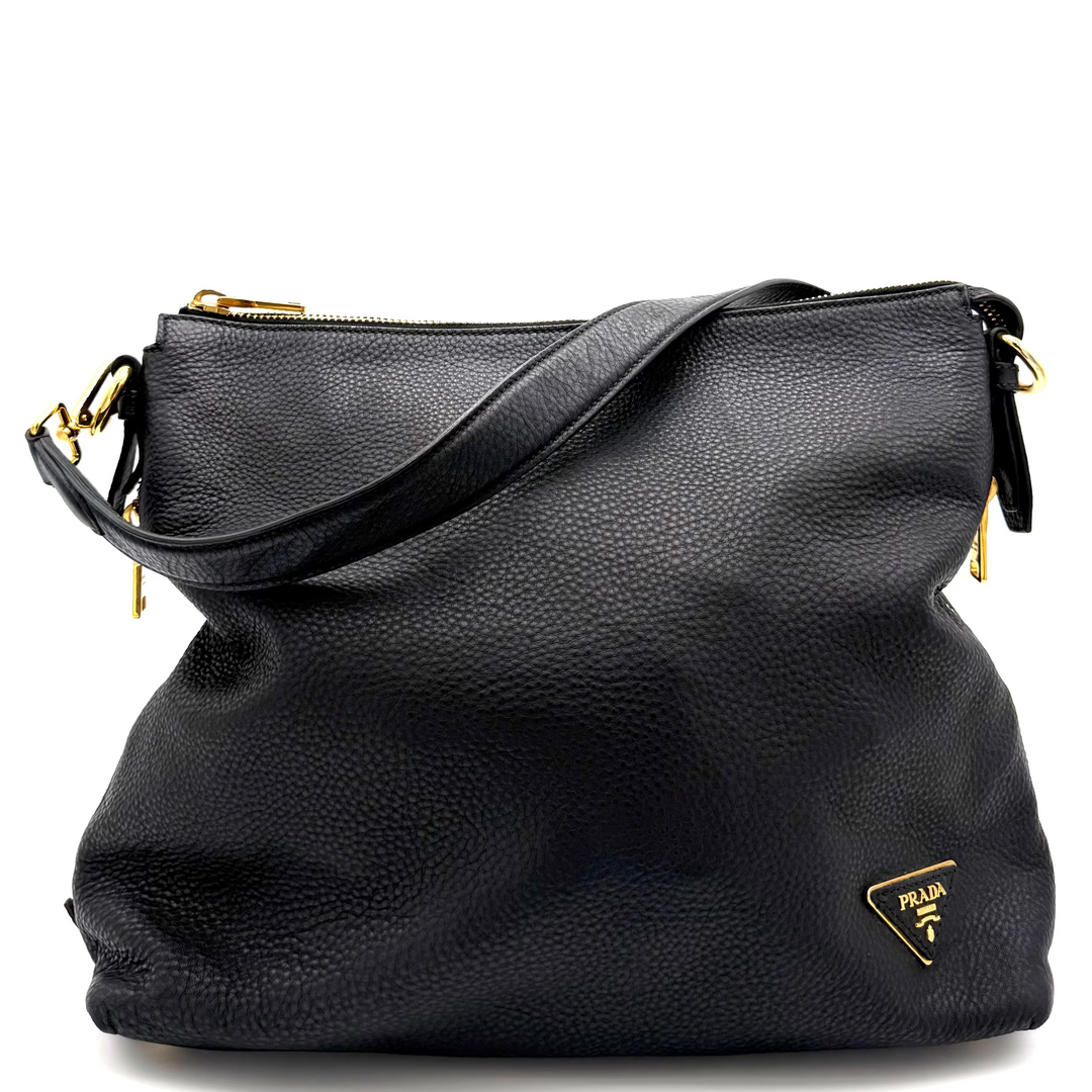 Vitello Daino Textured Black Leather Hobo Bag