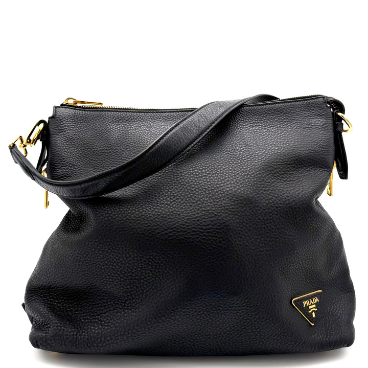 Vitello Daino Textured Black Leather Hobo Bag
