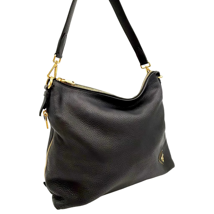 Vitello Daino Textured Black Leather Hobo Bag