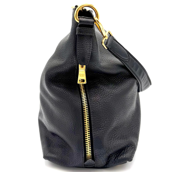 Vitello Daino Textured Black Leather Hobo Bag