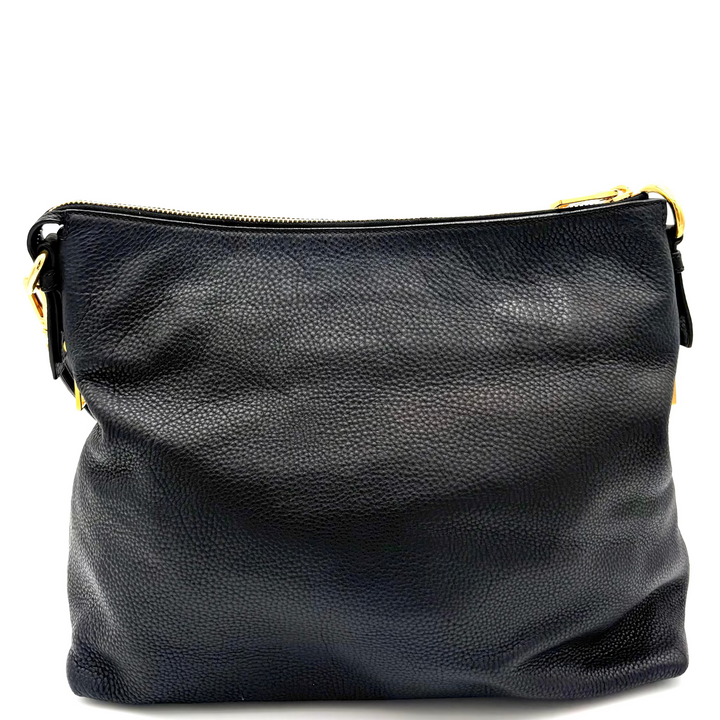 Vitello Daino Textured Black Leather Hobo Bag