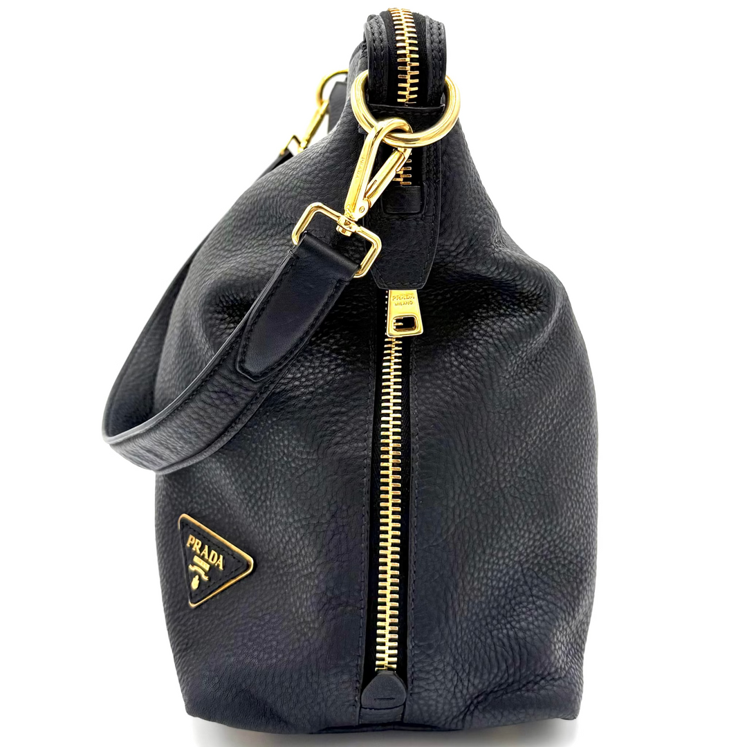 Vitello Daino Textured Black Leather Hobo Bag