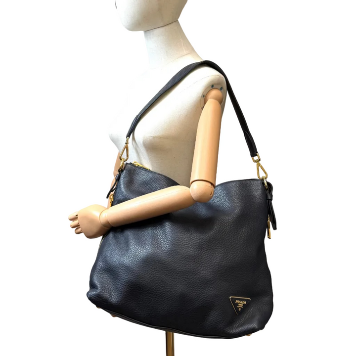 Vitello Daino Textured Black Leather Hobo Bag