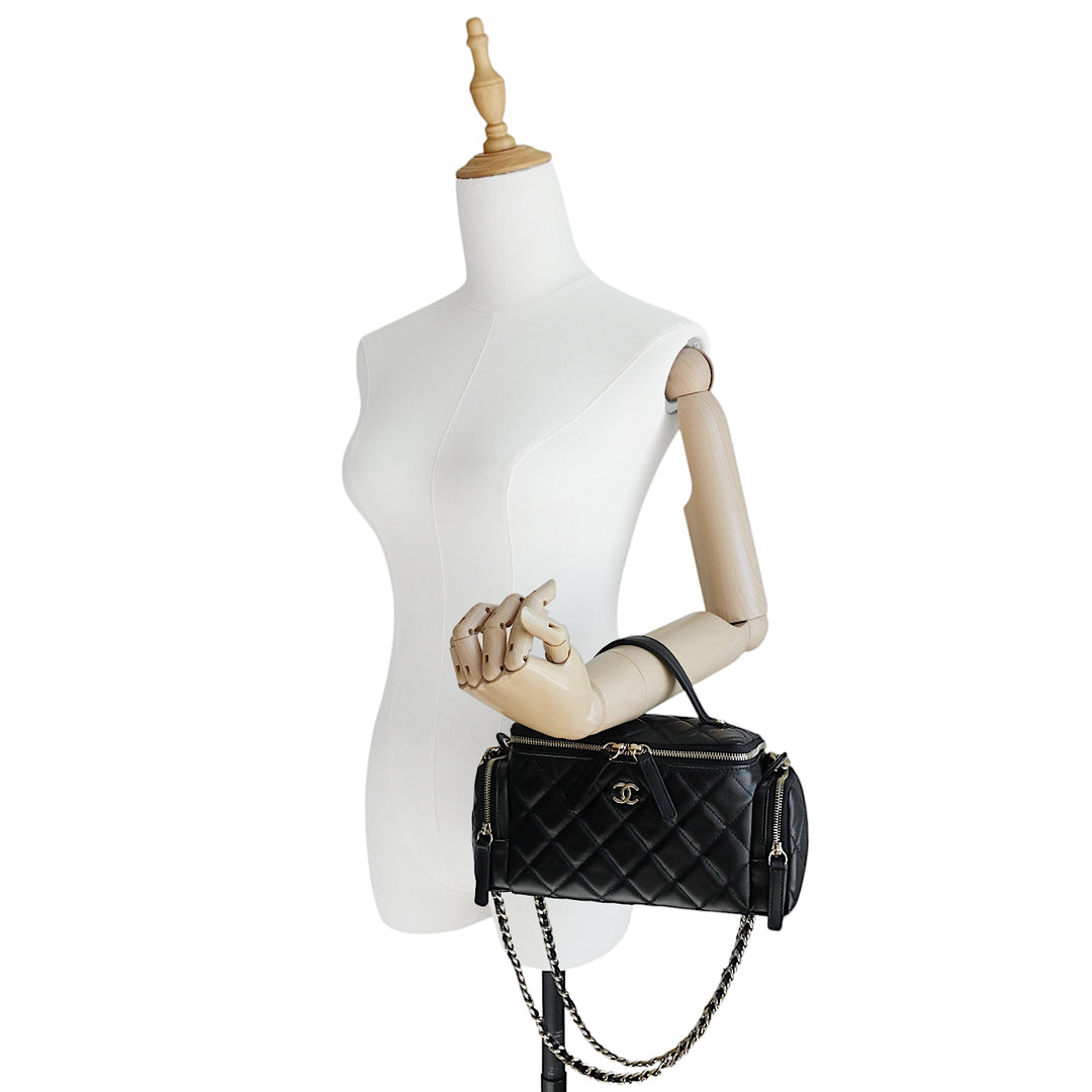 Multi Pocket Top Handle Lambskin Leather Vanity Bag