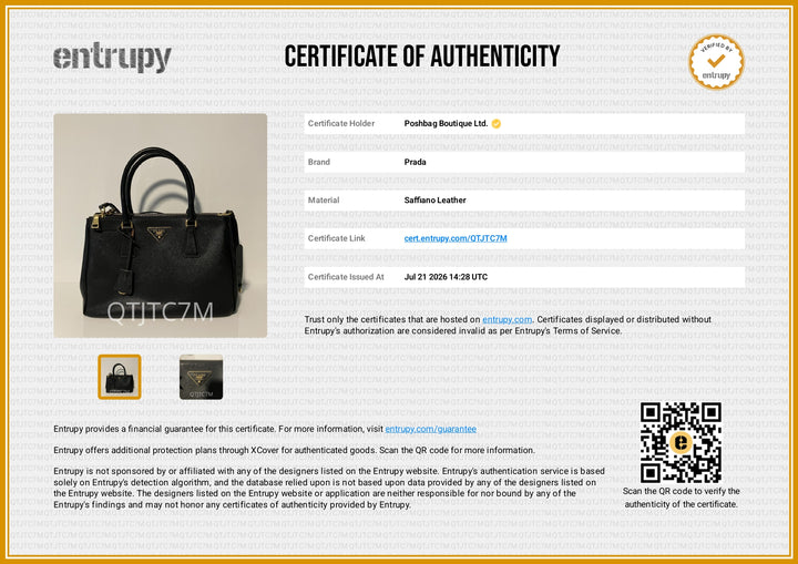 A certificate of authenticity document for a Proda leather handbag, featuring the Entrupy brand logo, product details, a small photo of a black handbag, and a QR code on a white background with a gold border.