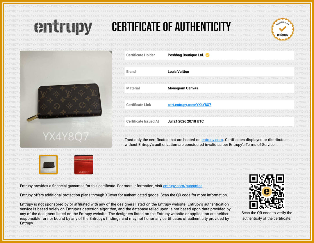 A certificate of authenticity document from Entrupy for the Louis Vuitton Monogram Canvas pouch, featuring a photo of the black monogram wallet, product details, and QR codes on a white and gold background.
