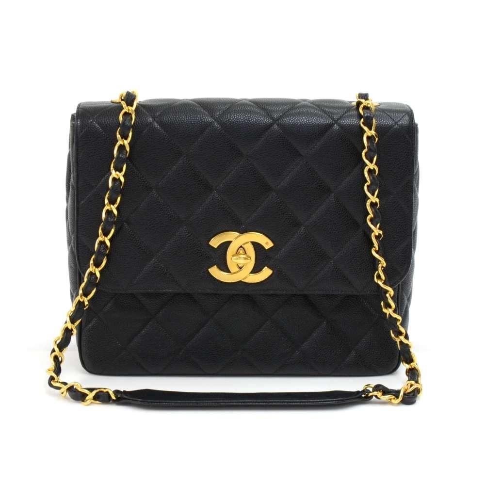 large single flap quilted caviar leather shoulder bag