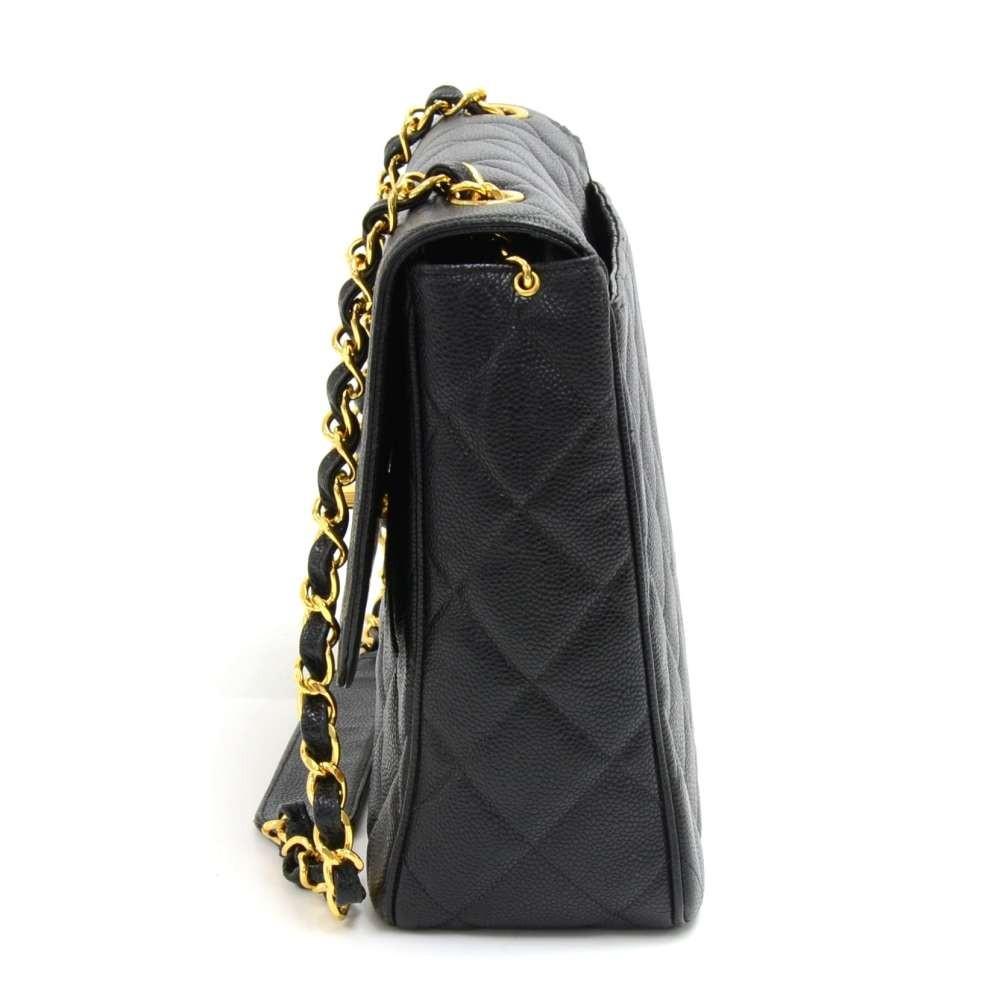 large single flap quilted caviar leather shoulder bag