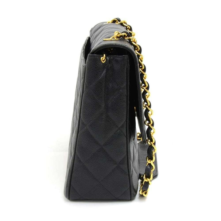 large single flap quilted caviar leather shoulder bag