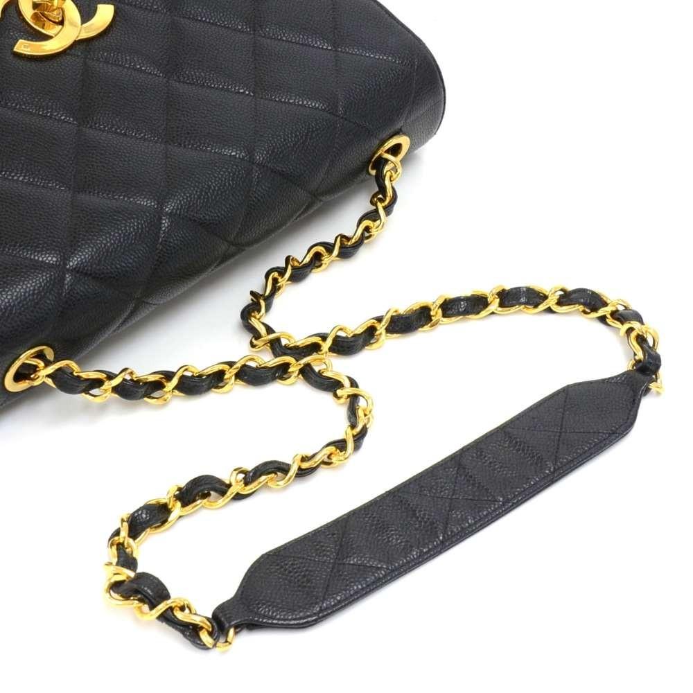 large single flap quilted caviar leather shoulder bag