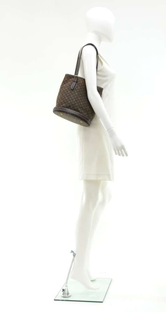 bucket pm mini lin monogram ebène canvas shoulder bag with pouch