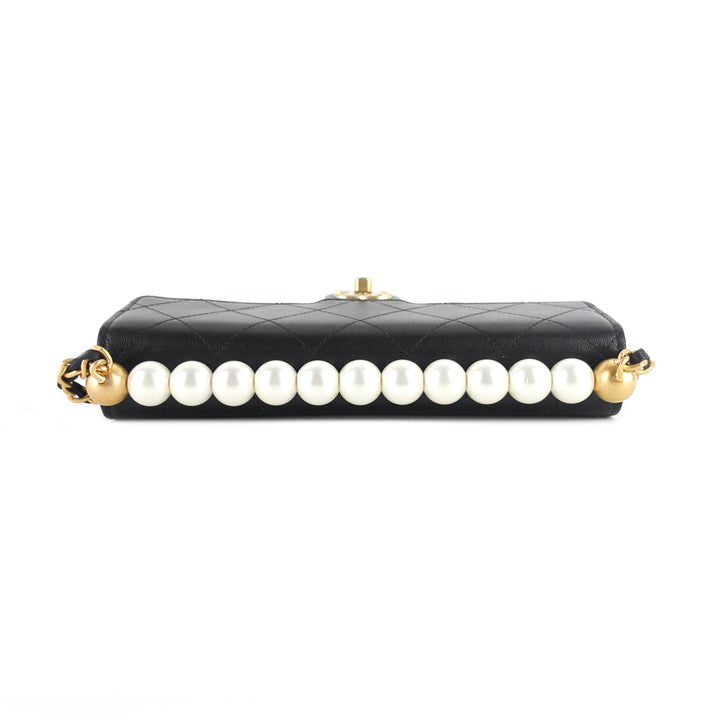 chic pearls flap goatskin leather clutch with chain bag