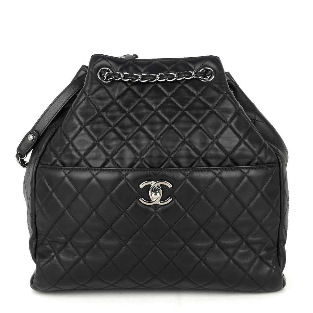 drawstring cc front pocket lambskin leather bucket bag