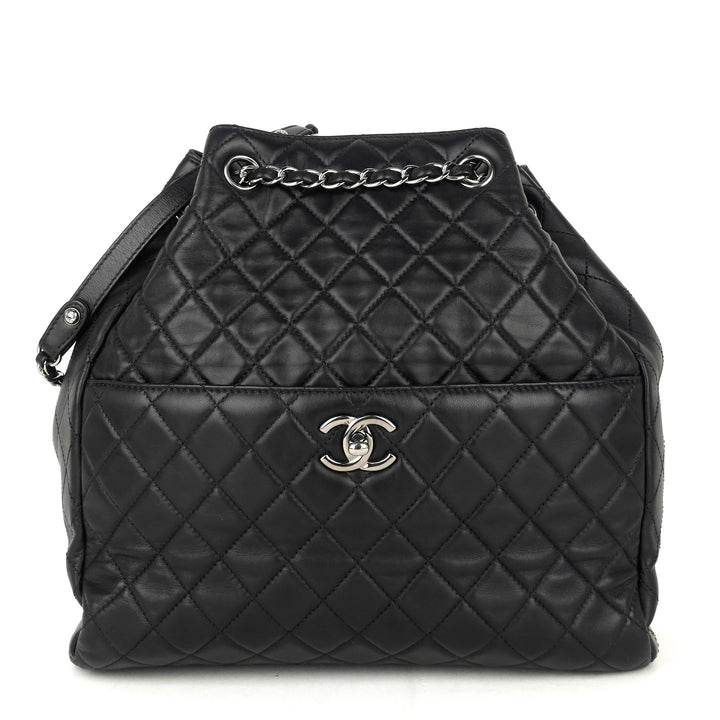 drawstring cc front pocket lambskin leather bucket bag