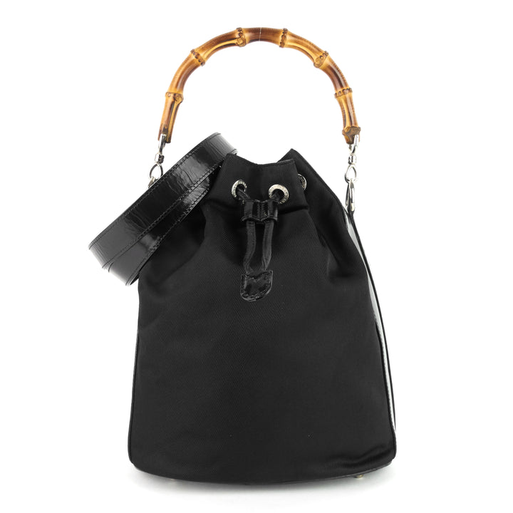 nylon bamboo handle drawstring bucket bag
